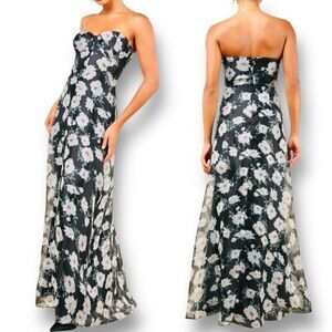 Lulus S Black White Floral Strapless Organza Maxi Dress Corset Wedding Guest